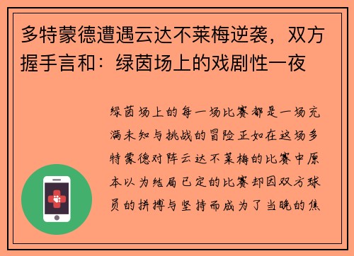 多特蒙德遭遇云达不莱梅逆袭，双方握手言和：绿茵场上的戏剧性一夜
