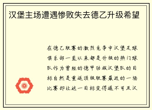 汉堡主场遭遇惨败失去德乙升级希望
