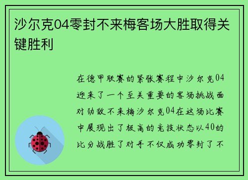 沙尔克04零封不来梅客场大胜取得关键胜利